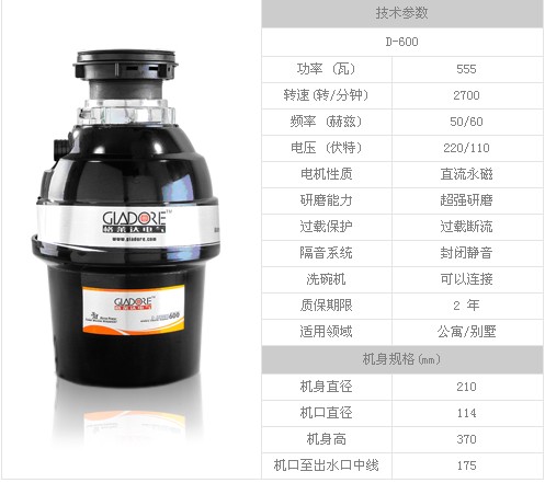 美国格莱达食物垃圾处理器D-600，独创烤漆技术，内外兼修  食物垃圾处理机