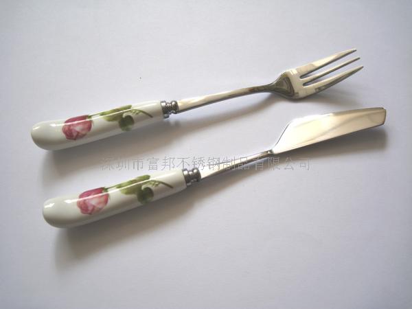 供应精美时尚花卉陶瓷柄不锈钢月饼刀叉套装  陶瓷柄月饼刀叉  精美花卉柄刀叉